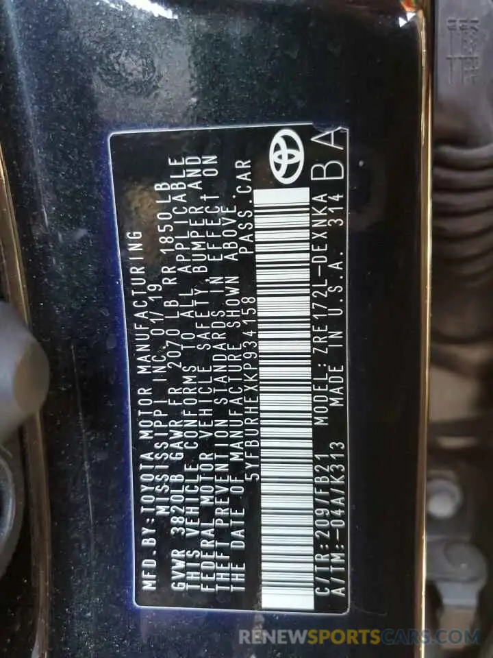 12 Photograph of a damaged car 5YFBURHEXKP934158 TOYOTA COROLLA 2019