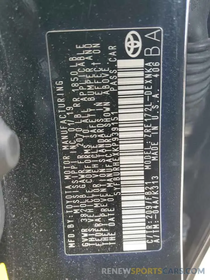 12 Photograph of a damaged car 5YFBURHEXKP939151 TOYOTA COROLLA 2019