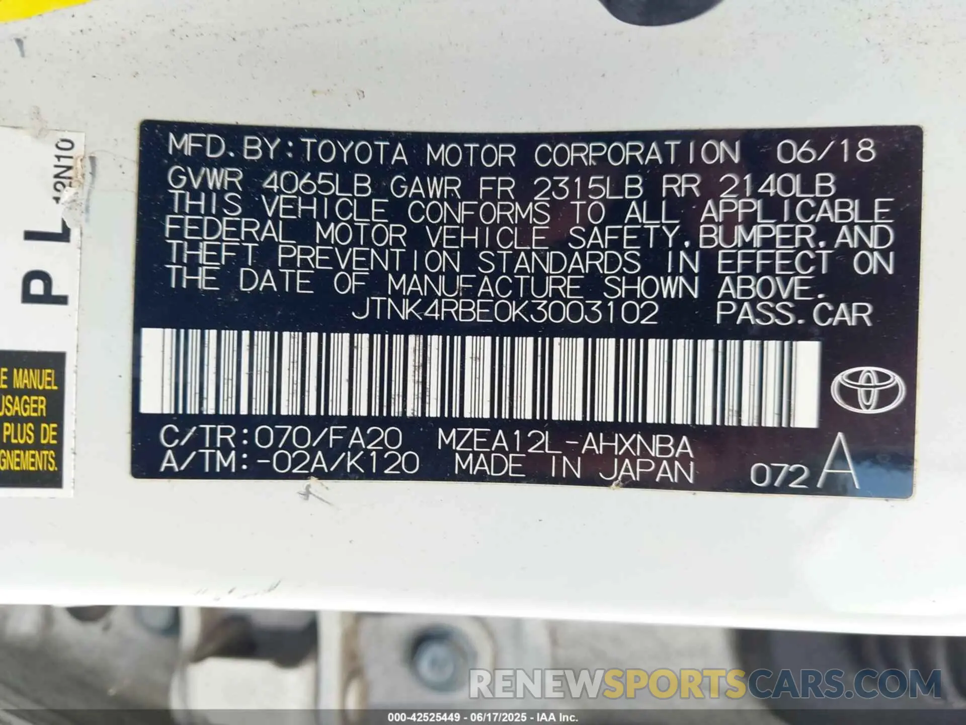 9 Photograph of a damaged car JTNK4RBE0K3003102 TOYOTA COROLLA 2019