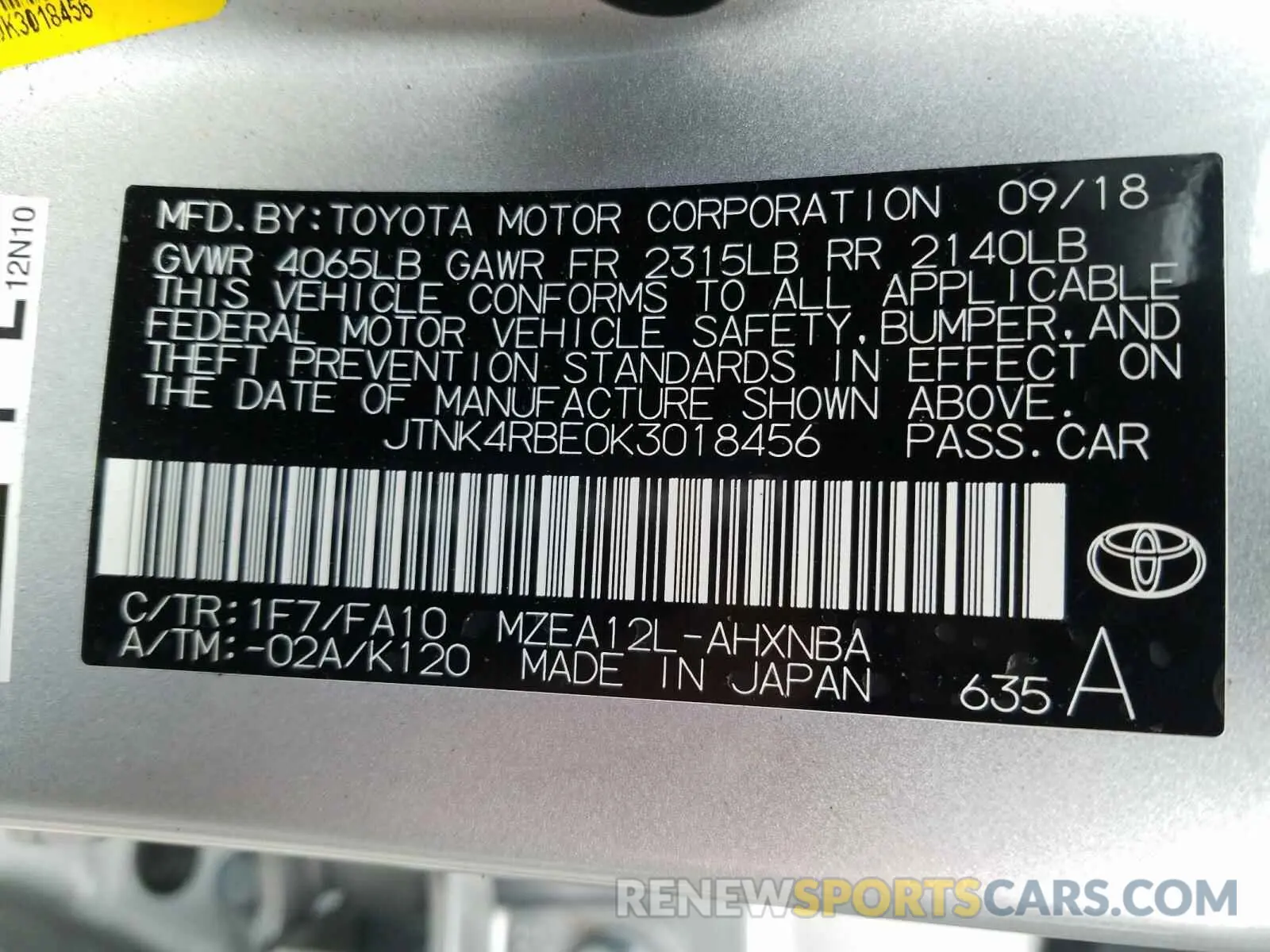 10 Photograph of a damaged car JTNK4RBE0K3018456 TOYOTA COROLLA 2019