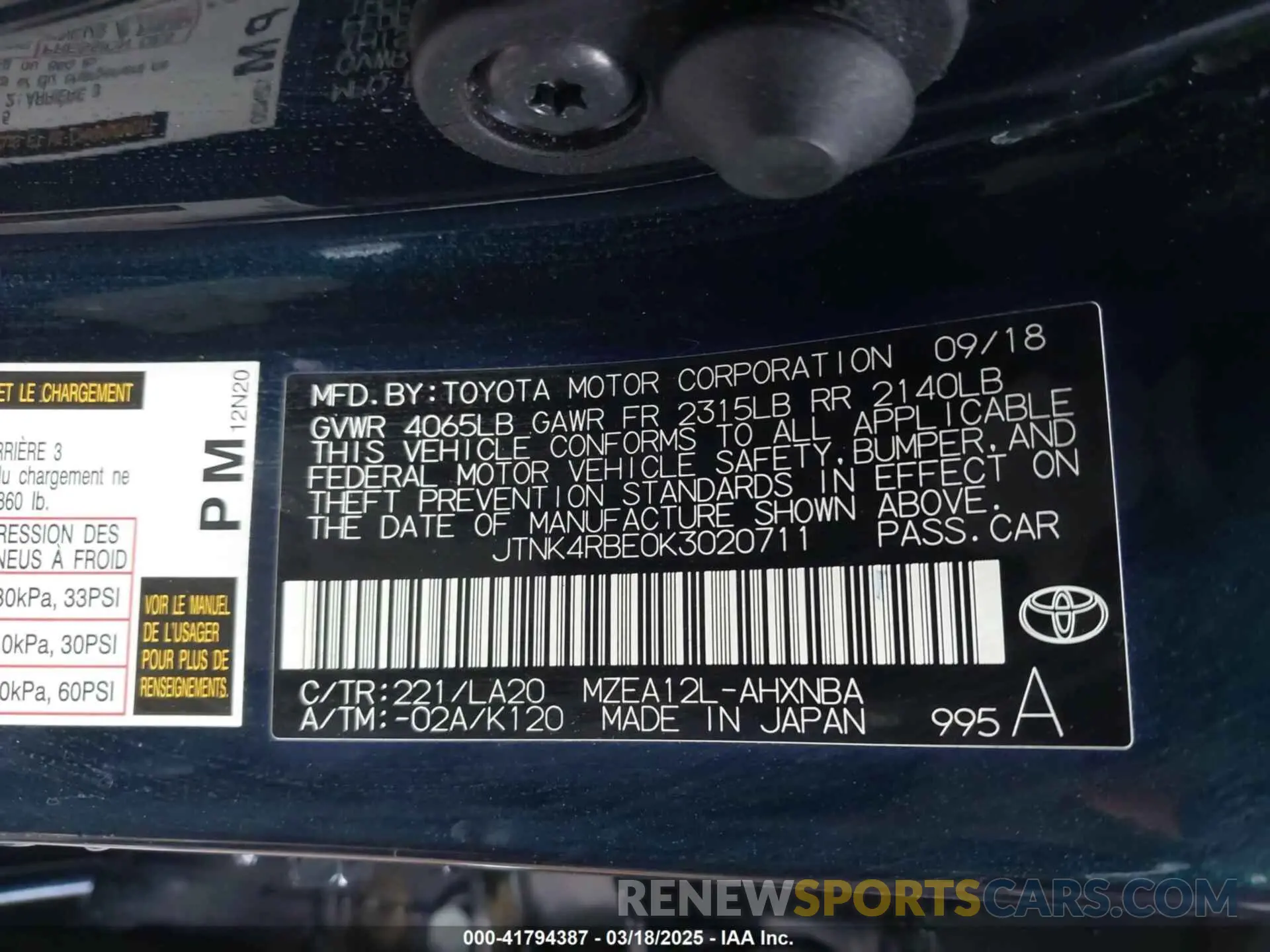 9 Photograph of a damaged car JTNK4RBE0K3020711 TOYOTA COROLLA 2019