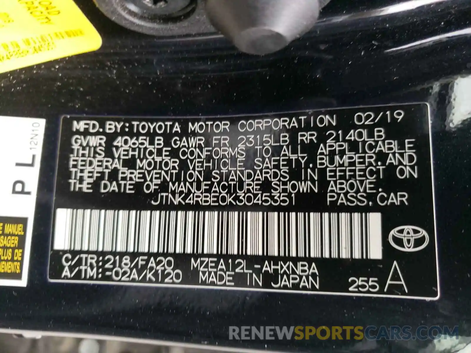 10 Photograph of a damaged car JTNK4RBE0K3045351 TOYOTA COROLLA 2019