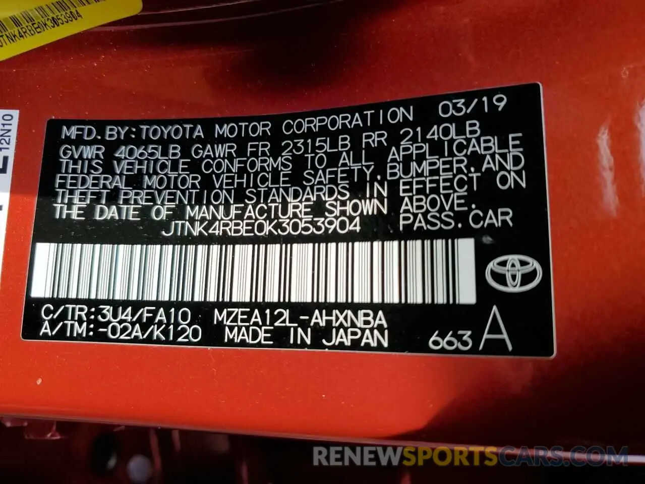 14 Photograph of a damaged car JTNK4RBE0K3053904 TOYOTA COROLLA 2019