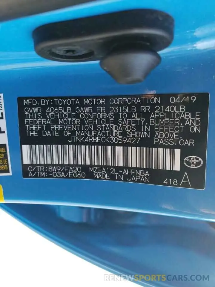 13 Photograph of a damaged car JTNK4RBE0K3059427 TOYOTA COROLLA 2019