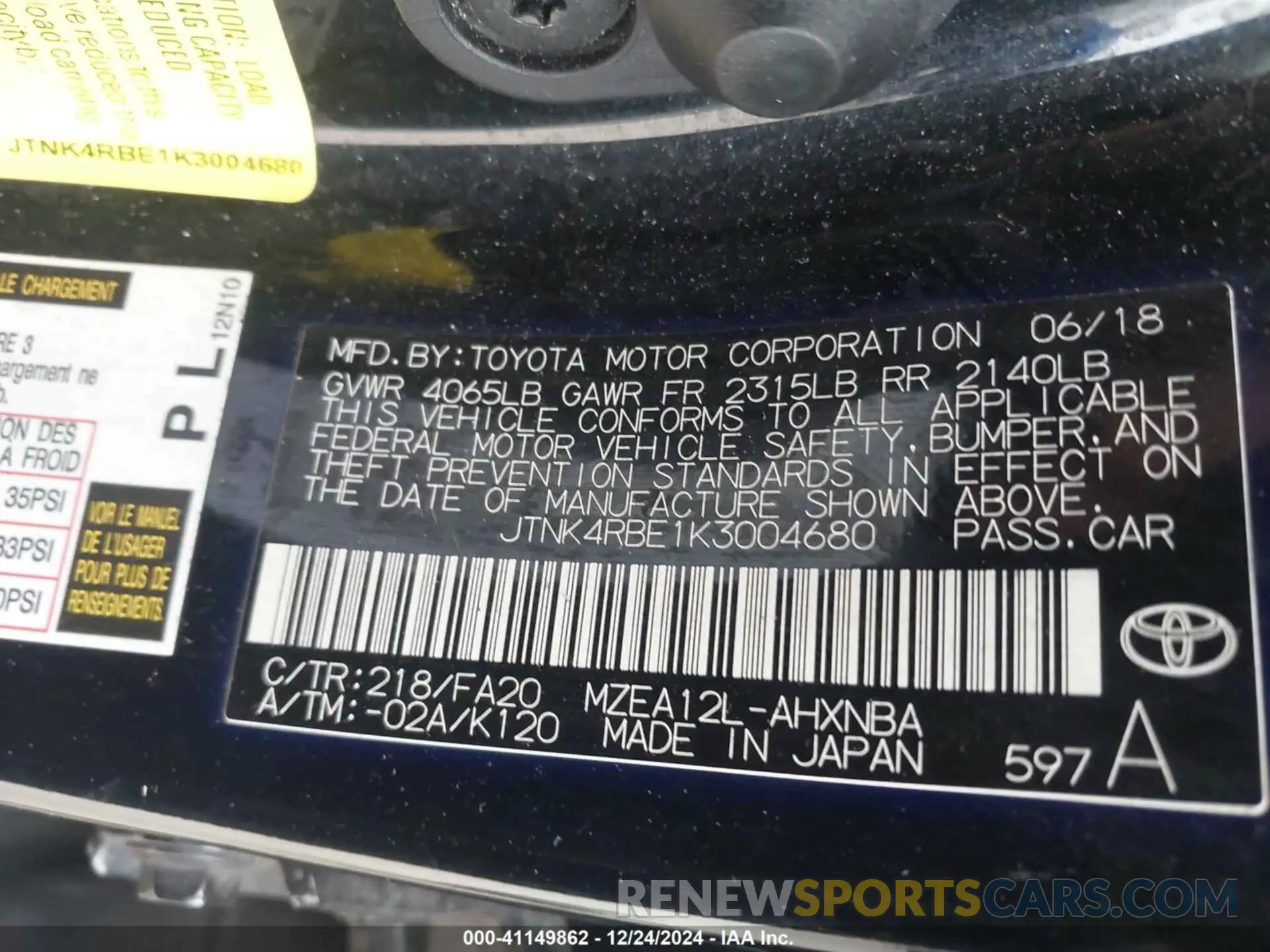 9 Photograph of a damaged car JTNK4RBE1K3004680 TOYOTA COROLLA 2019