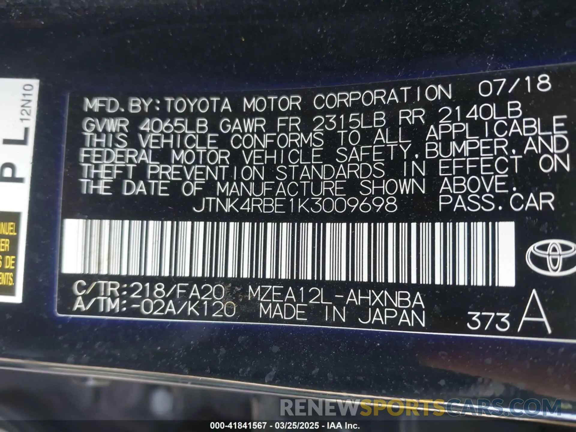9 Photograph of a damaged car JTNK4RBE1K3009698 TOYOTA COROLLA 2019