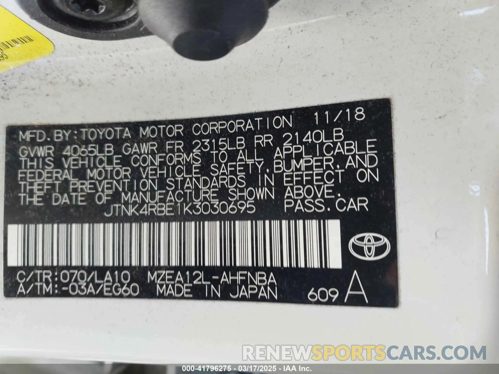 9 Photograph of a damaged car JTNK4RBE1K3030695 TOYOTA COROLLA 2019