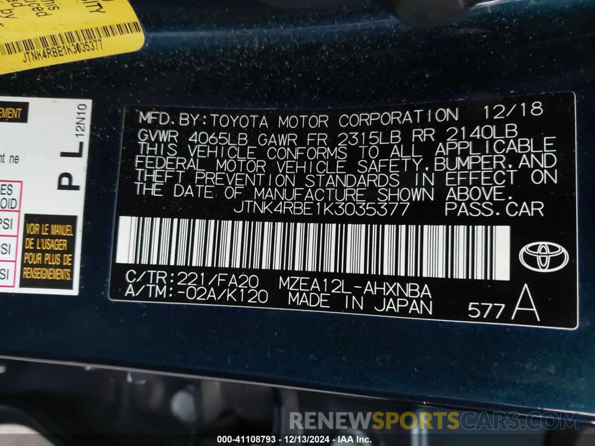 9 Photograph of a damaged car JTNK4RBE1K3035377 TOYOTA COROLLA 2019