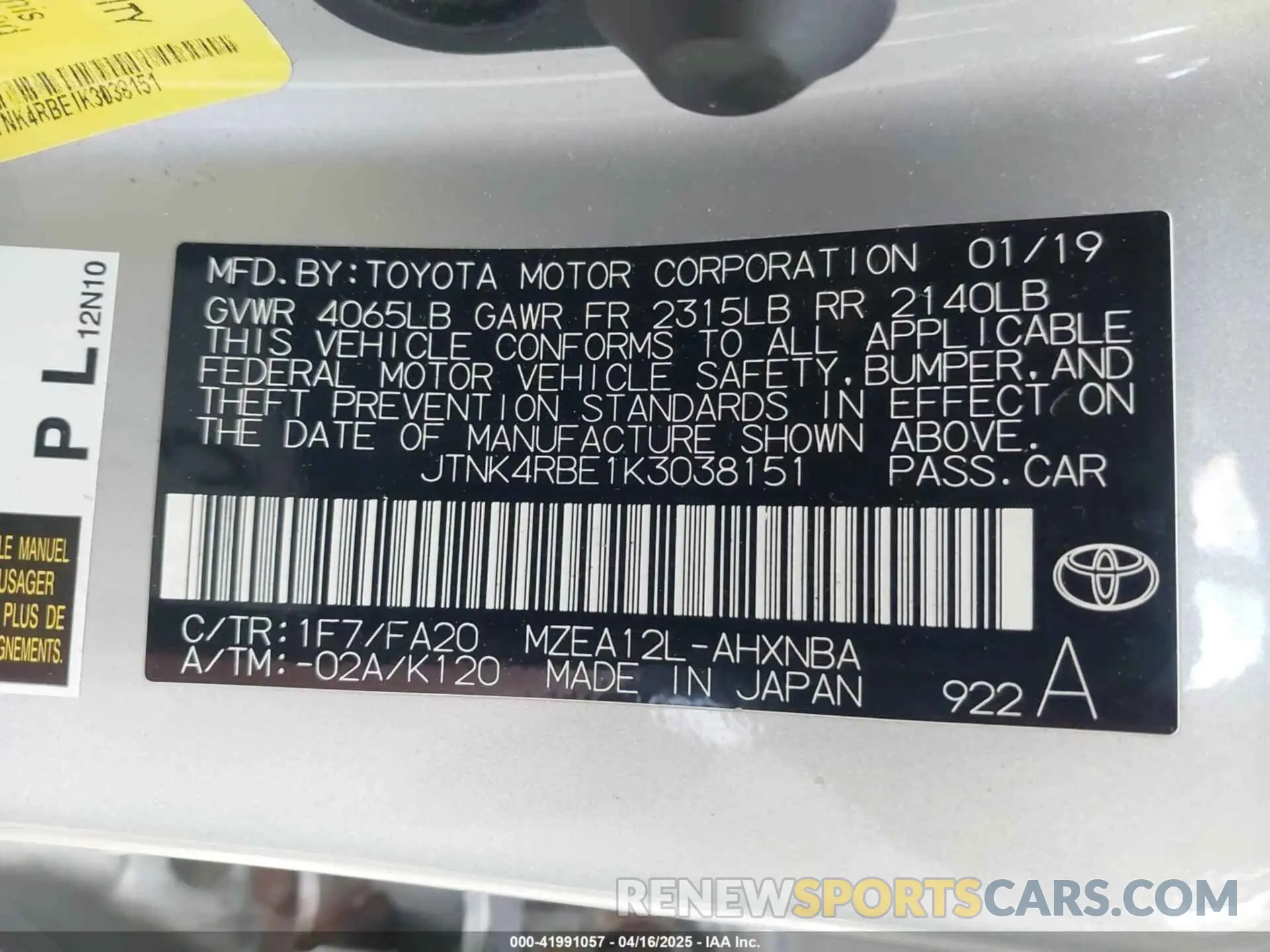 9 Photograph of a damaged car JTNK4RBE1K3038151 TOYOTA COROLLA 2019