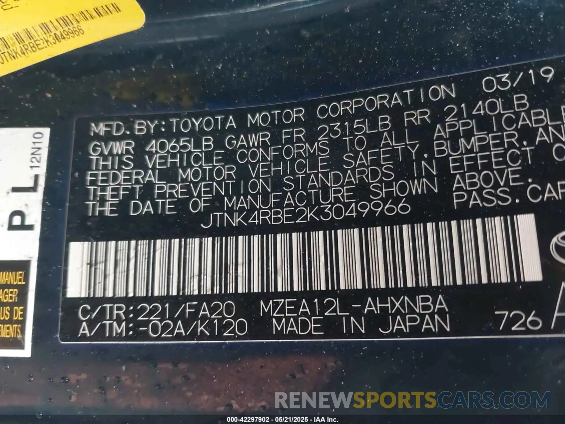 9 Photograph of a damaged car JTNK4RBE2K3049966 TOYOTA COROLLA 2019