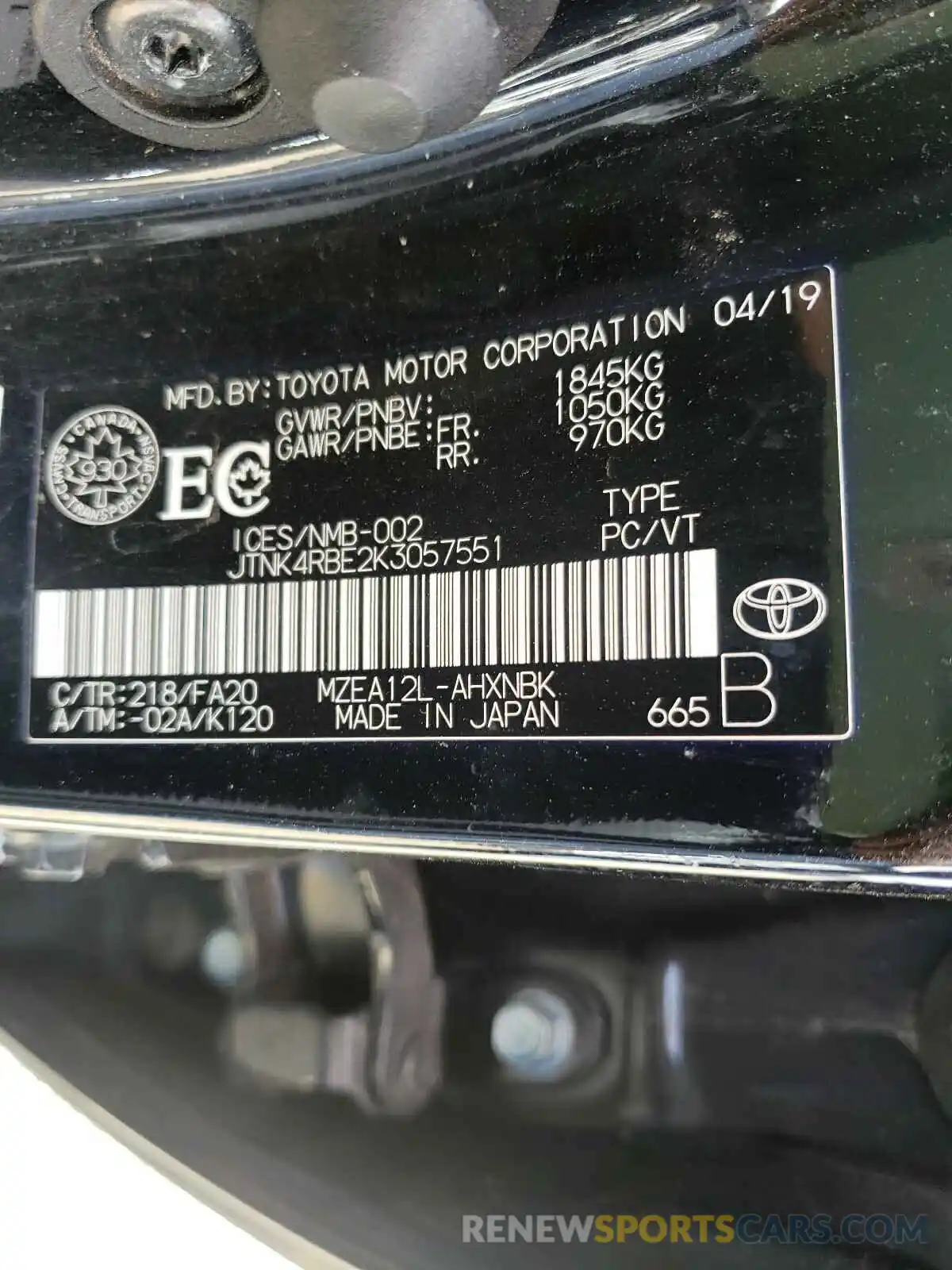 10 Photograph of a damaged car JTNK4RBE2K3057551 TOYOTA COROLLA 2019