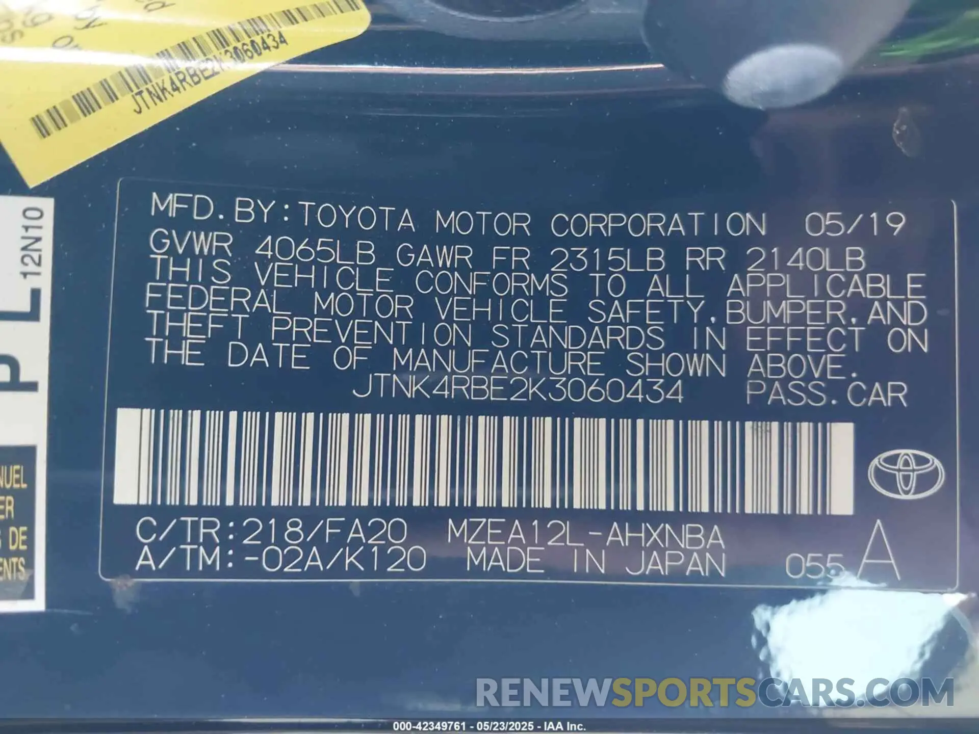 9 Photograph of a damaged car JTNK4RBE2K3060434 TOYOTA COROLLA 2019
