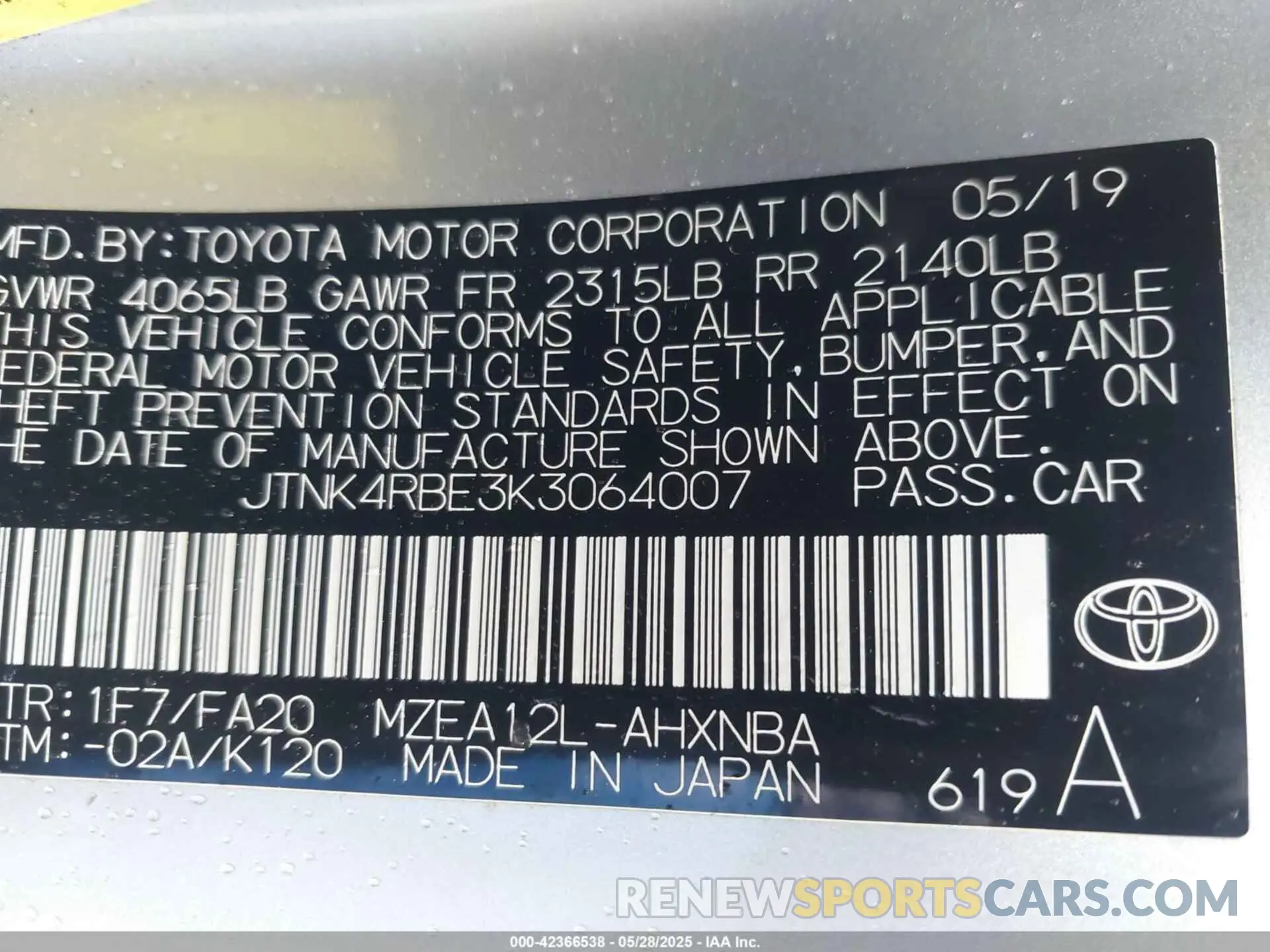 9 Photograph of a damaged car JTNK4RBE3K3064007 TOYOTA COROLLA 2019
