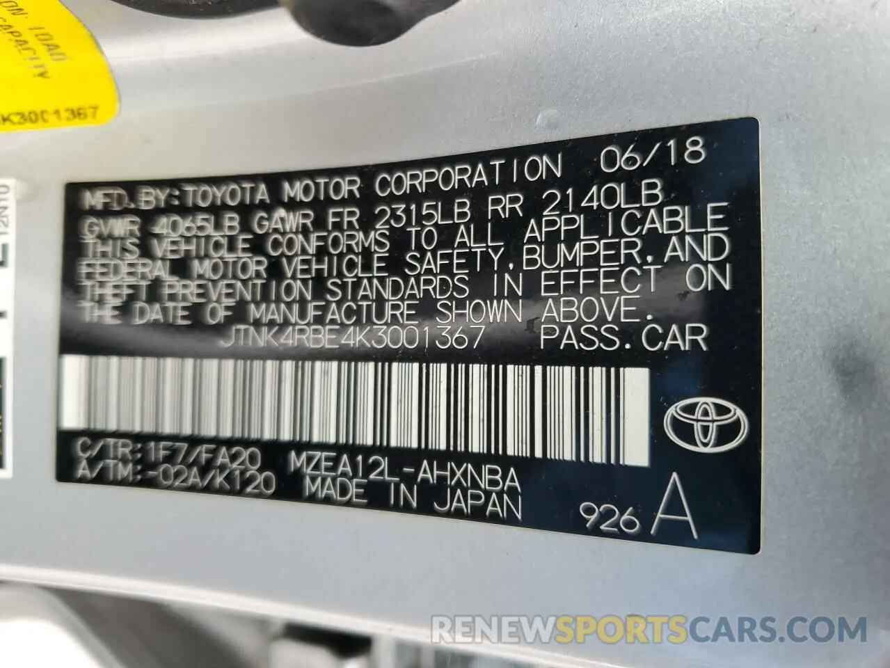 14 Photograph of a damaged car JTNK4RBE4K3001367 TOYOTA COROLLA 2019