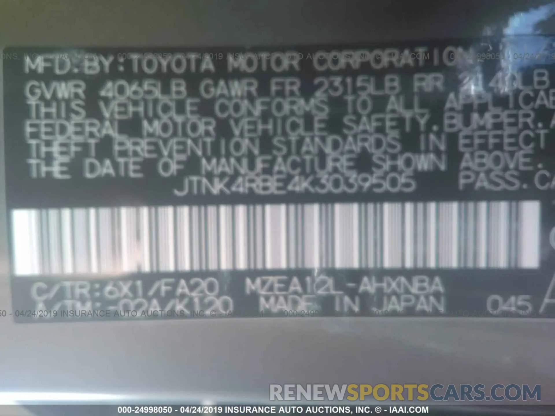 9 Photograph of a damaged car JTNK4RBE4K3039505 TOYOTA COROLLA 2019