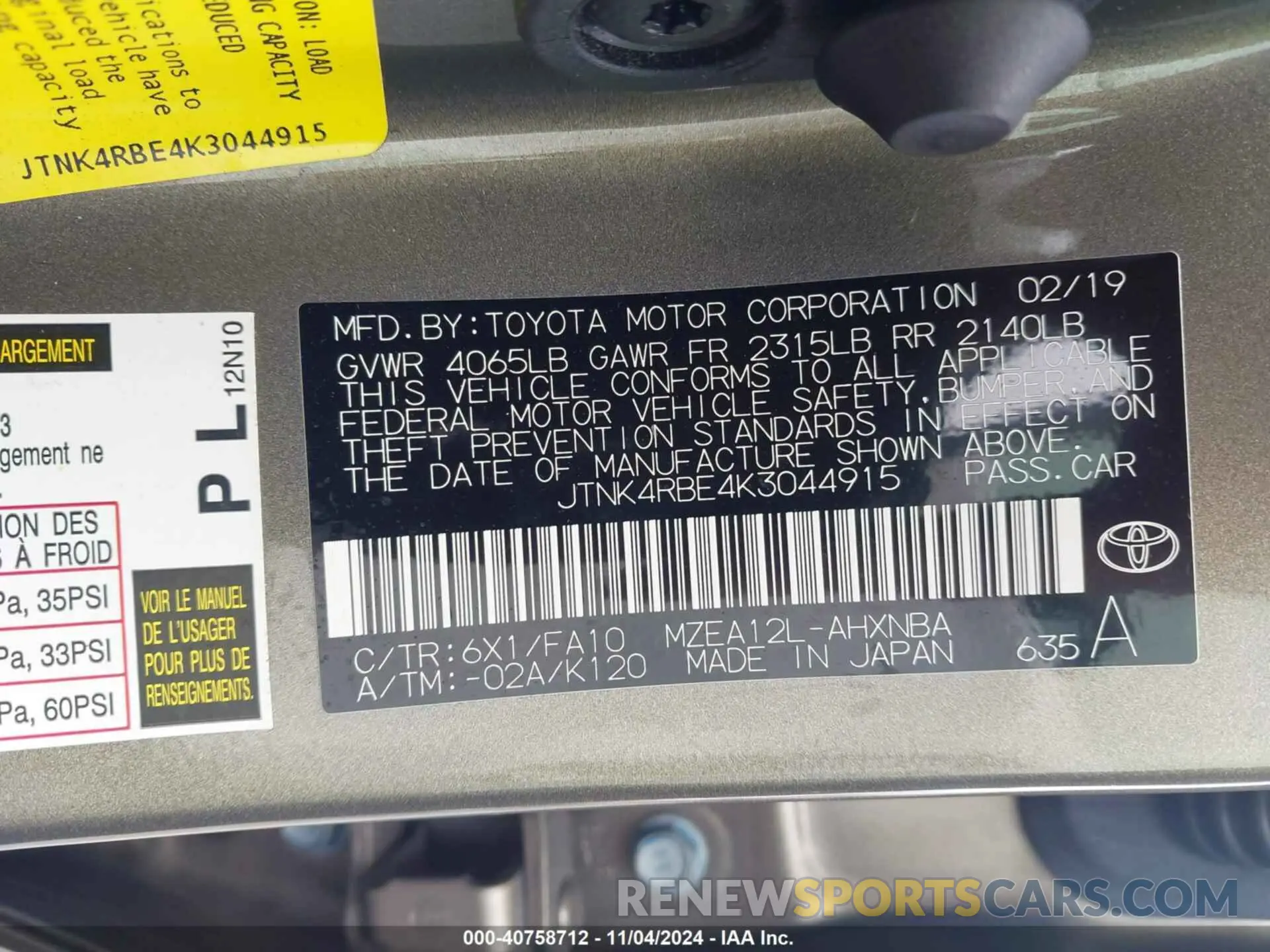 9 Photograph of a damaged car JTNK4RBE4K3044915 TOYOTA COROLLA 2019