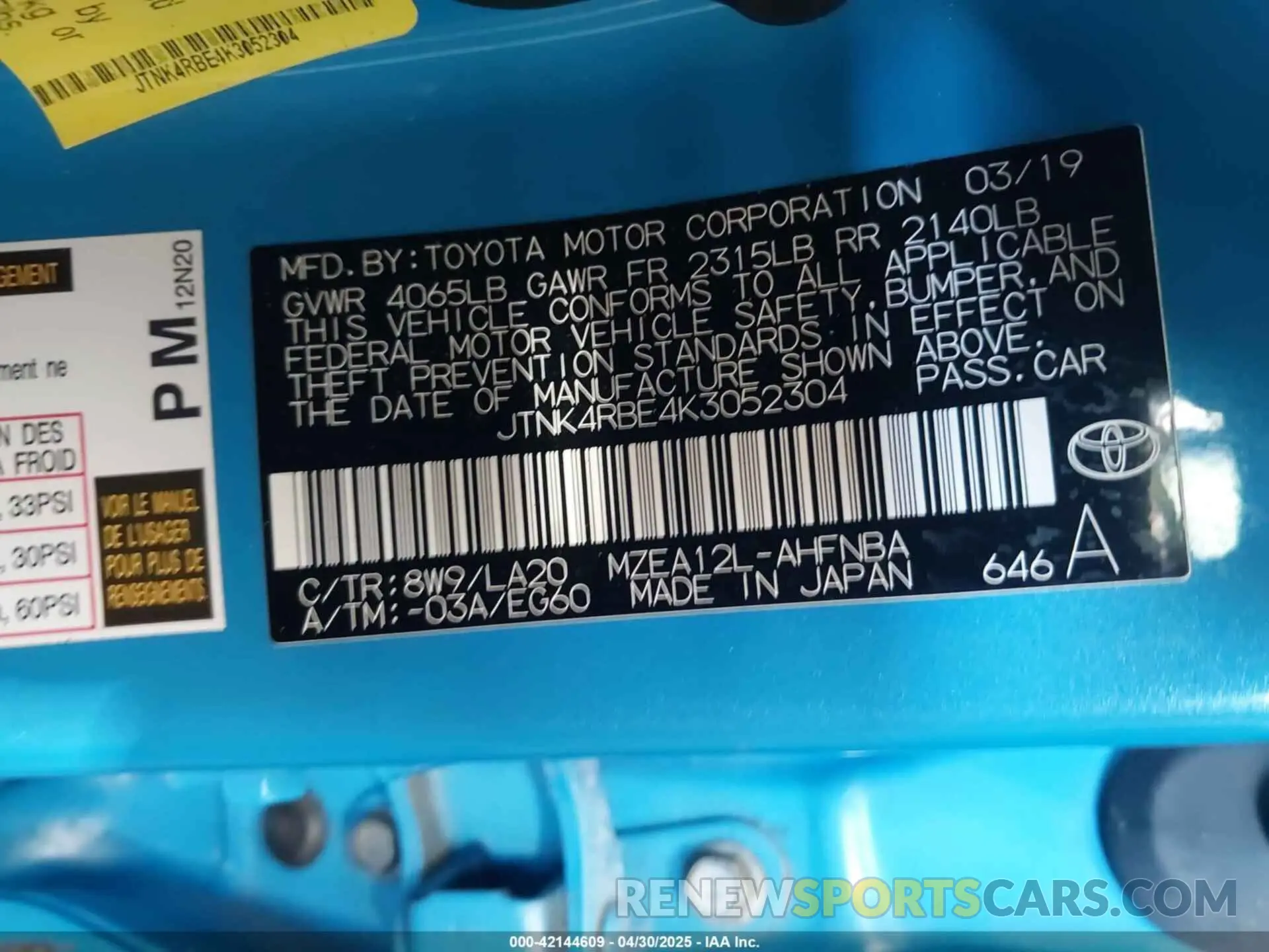 9 Photograph of a damaged car JTNK4RBE4K3052304 TOYOTA COROLLA 2019