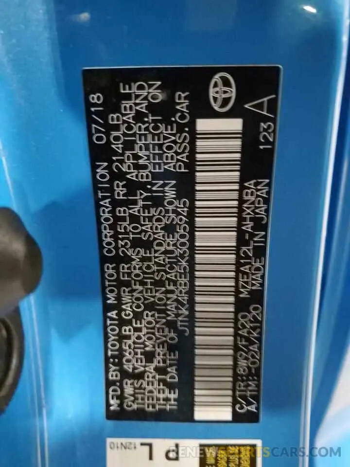 12 Photograph of a damaged car JTNK4RBE5K3005945 TOYOTA COROLLA 2019