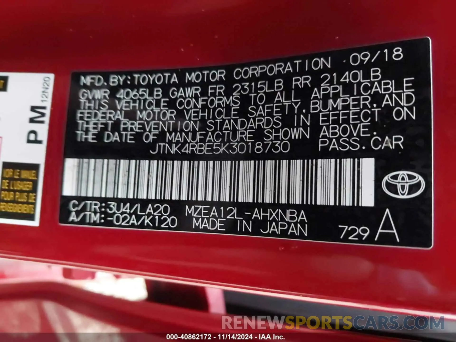 9 Photograph of a damaged car JTNK4RBE5K3018730 TOYOTA COROLLA 2019