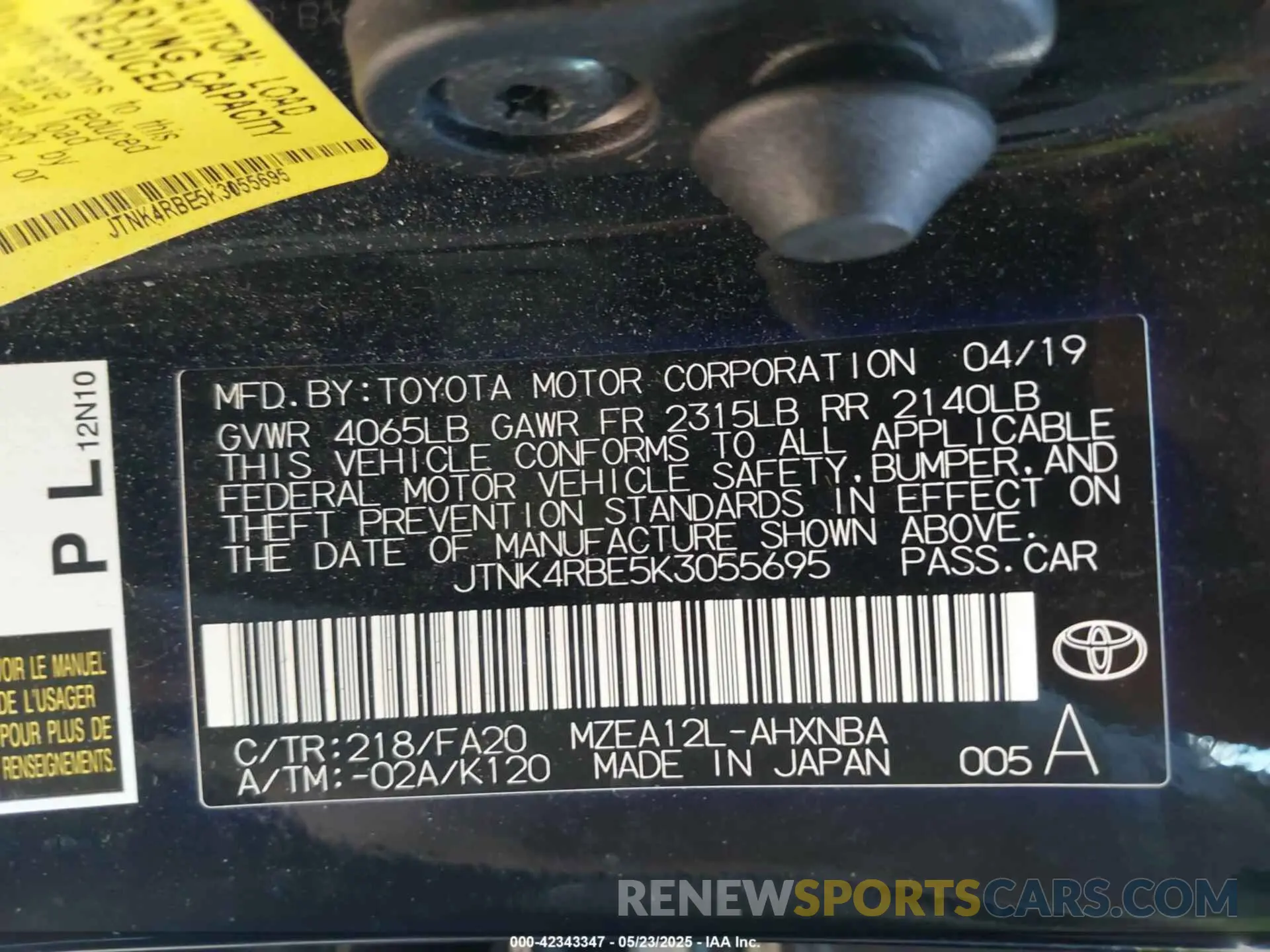 9 Photograph of a damaged car JTNK4RBE5K3055695 TOYOTA COROLLA 2019