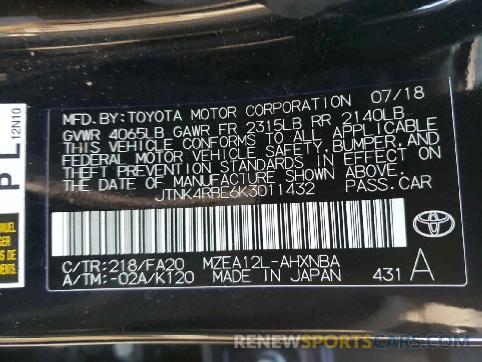 10 Photograph of a damaged car JTNK4RBE6K3011432 TOYOTA COROLLA 2019
