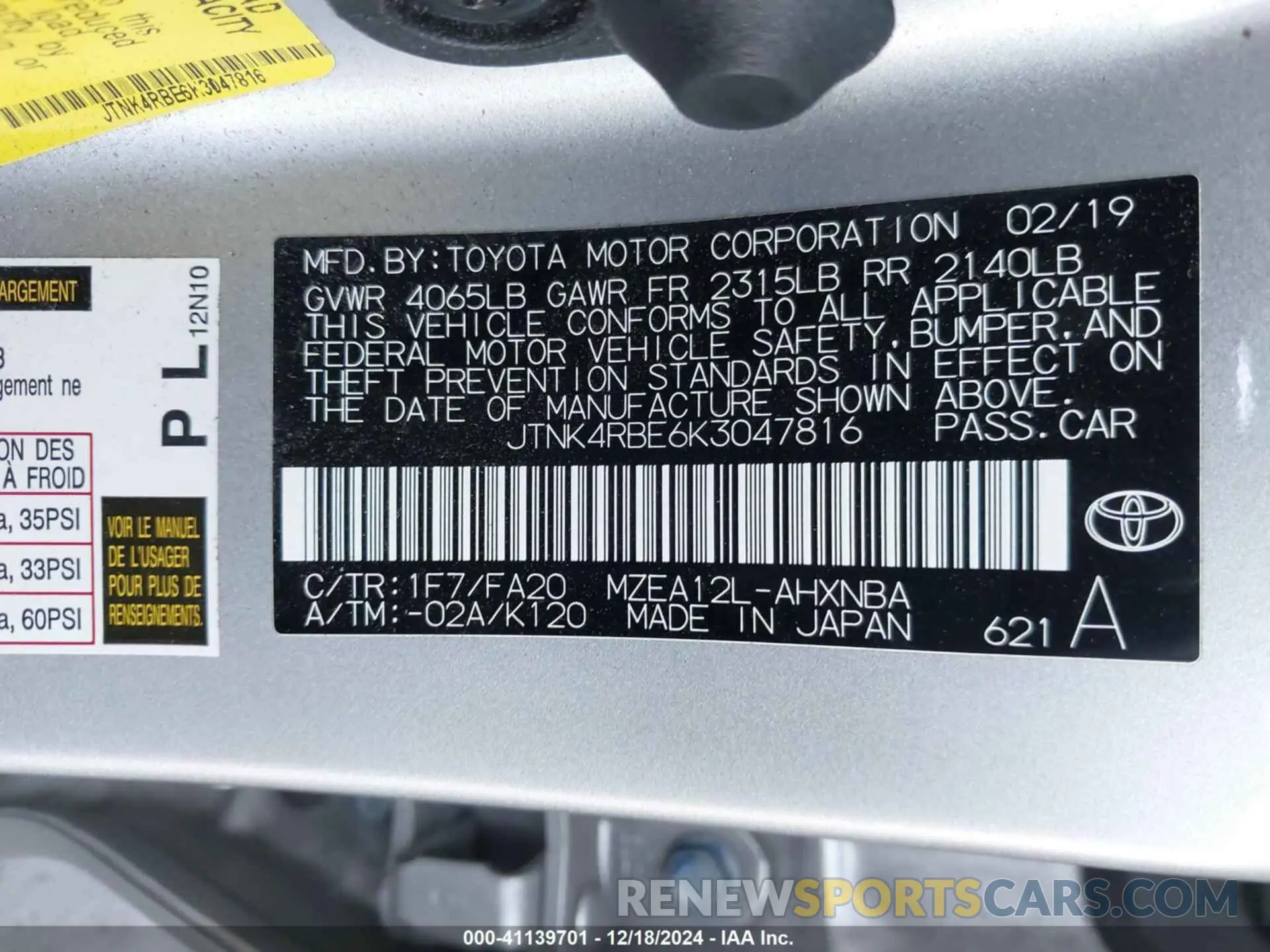 9 Photograph of a damaged car JTNK4RBE6K3047816 TOYOTA COROLLA 2019
