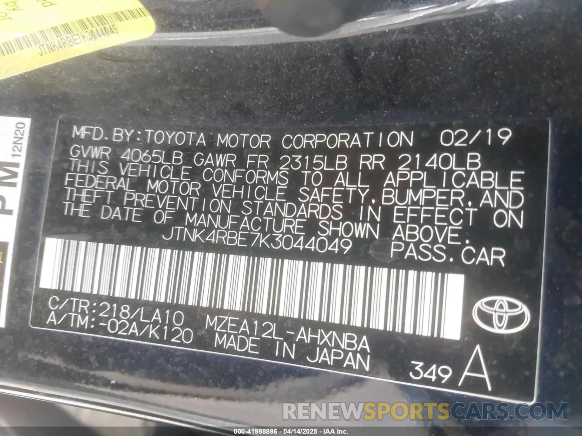 9 Photograph of a damaged car JTNK4RBE7K3044049 TOYOTA COROLLA 2019