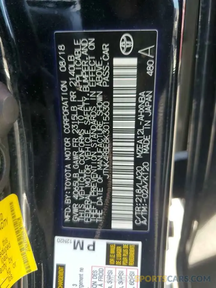 12 Photograph of a damaged car JTNK4RBE8K3015630 TOYOTA COROLLA 2019