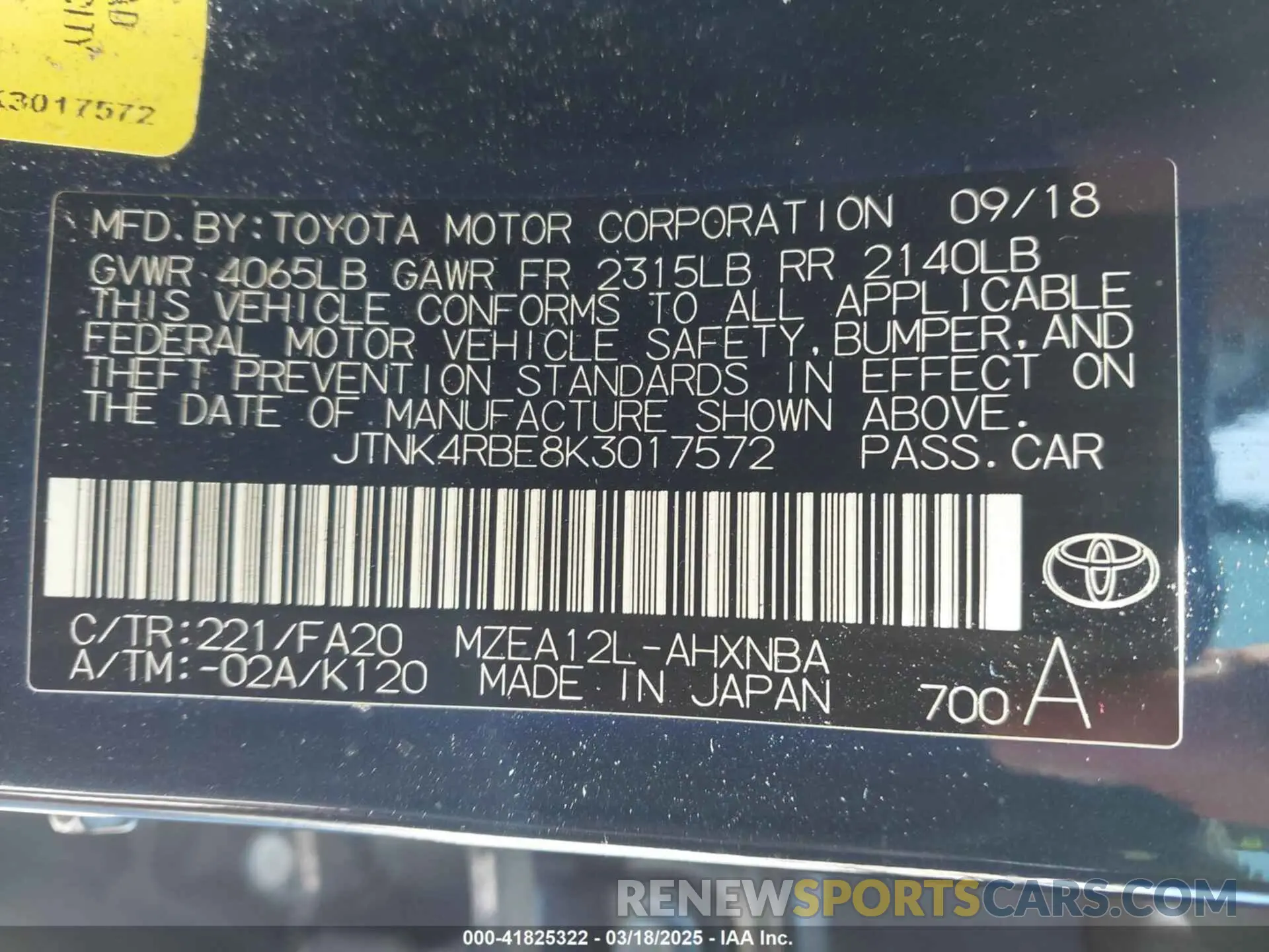 9 Photograph of a damaged car JTNK4RBE8K3017572 TOYOTA COROLLA 2019