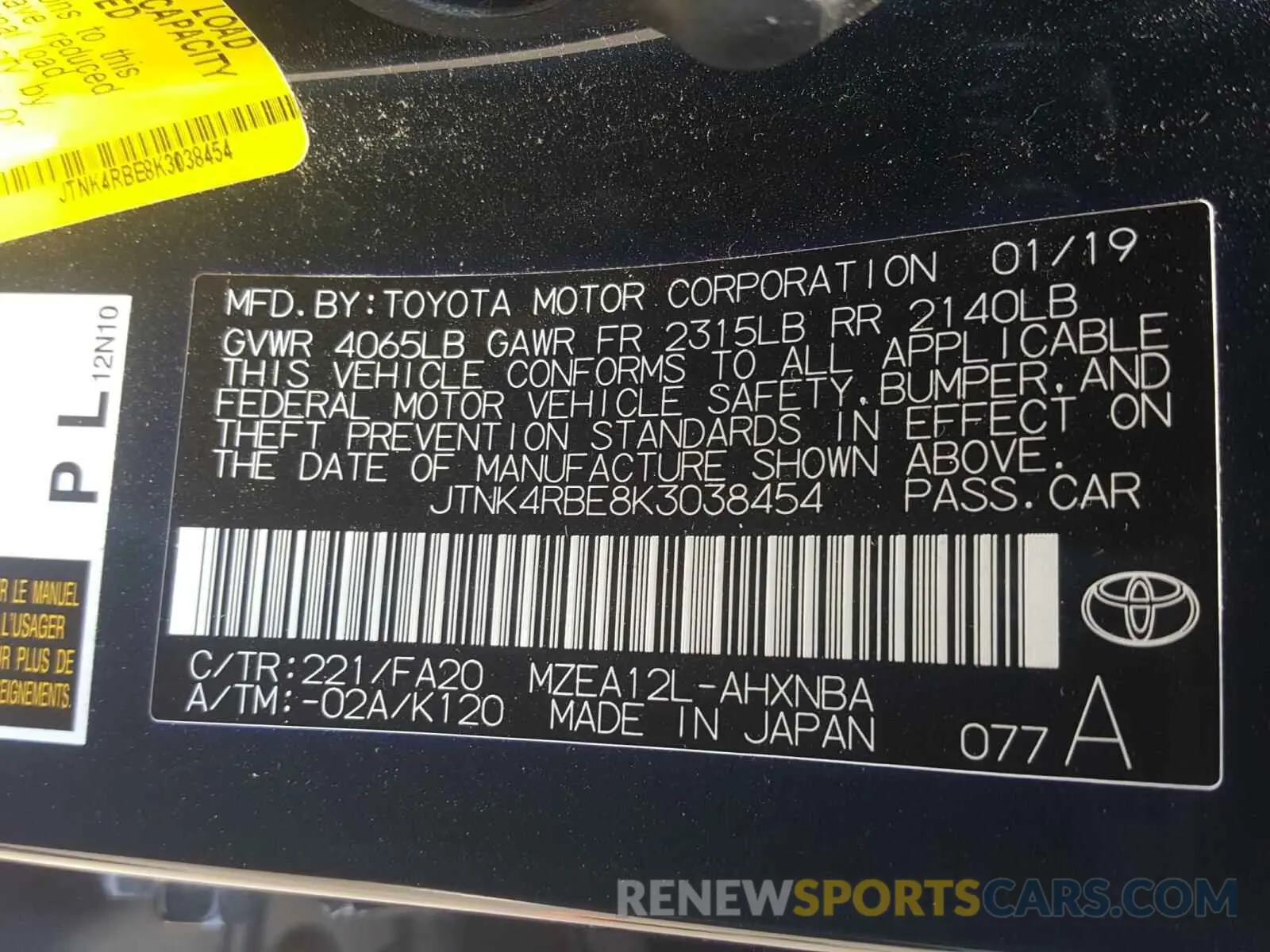 10 Photograph of a damaged car JTNK4RBE8K3038454 TOYOTA COROLLA 2019
