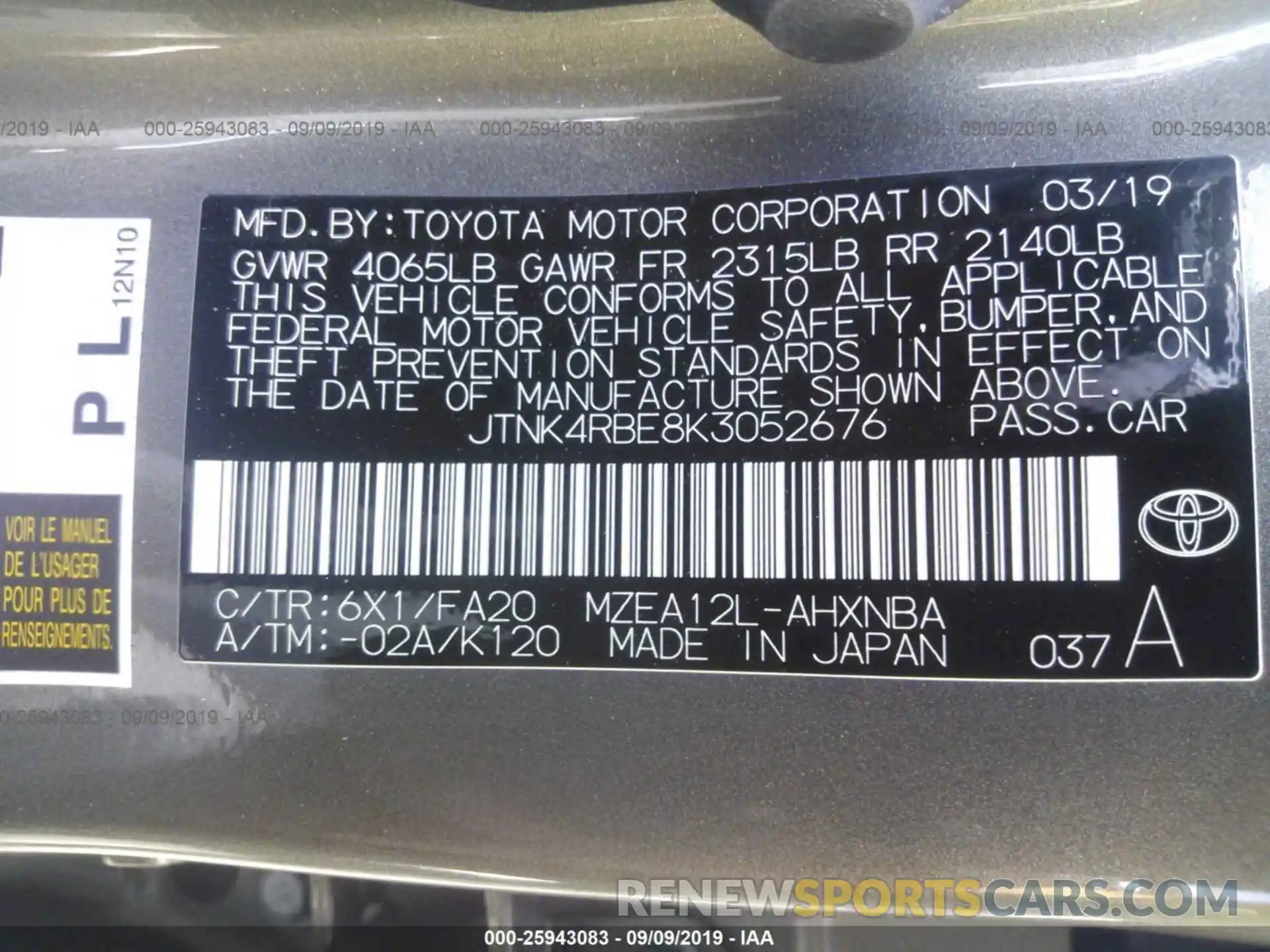 9 Photograph of a damaged car JTNK4RBE8K3052676 TOYOTA COROLLA 2019