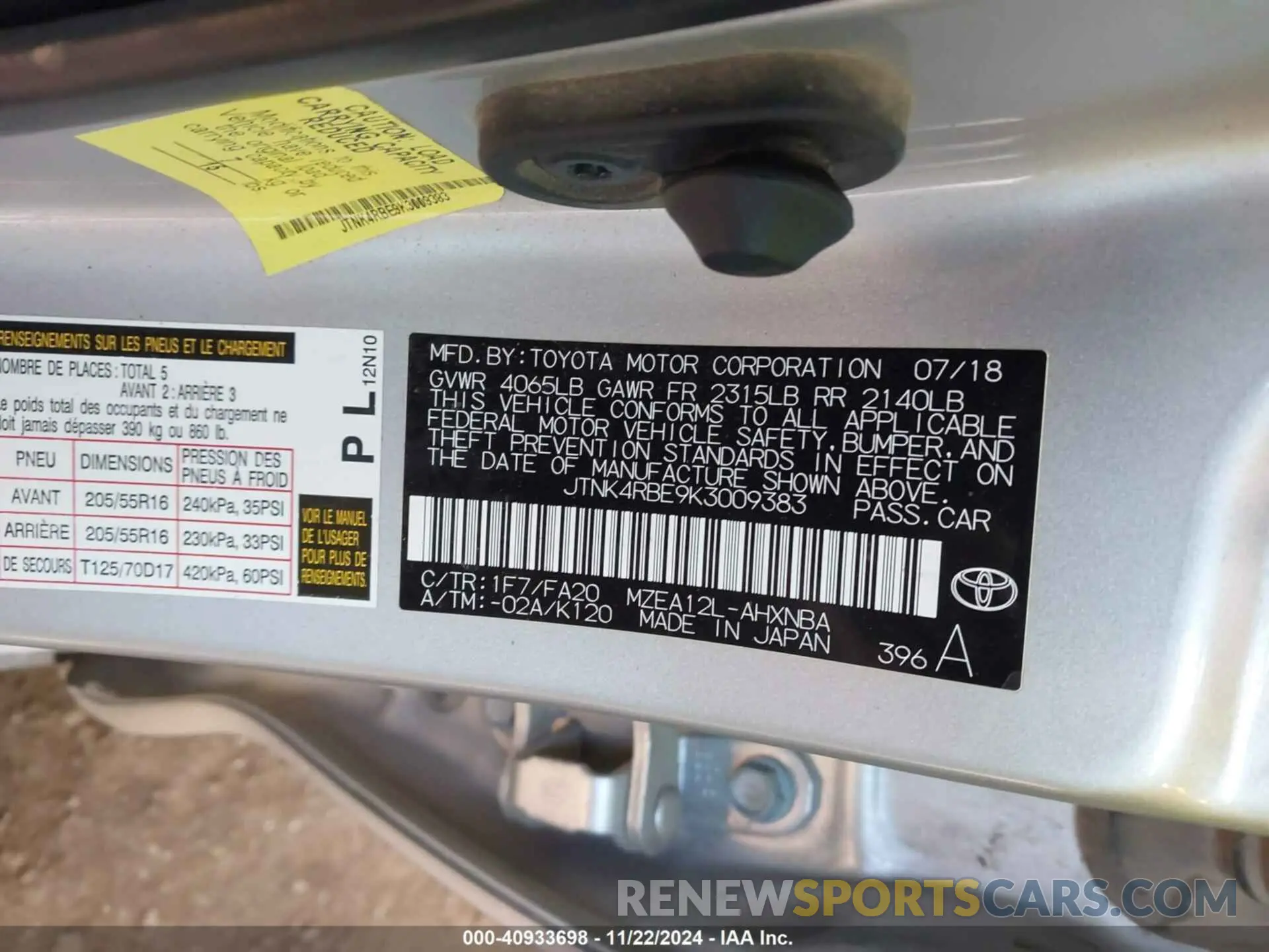 9 Photograph of a damaged car JTNK4RBE9K3009383 TOYOTA COROLLA 2019