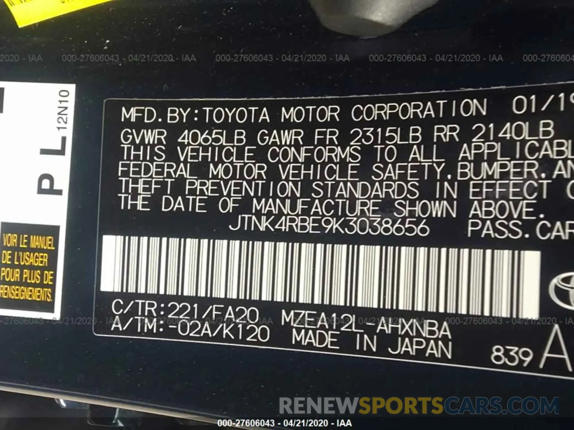 9 Photograph of a damaged car JTNK4RBE9K3038656 TOYOTA COROLLA 2019