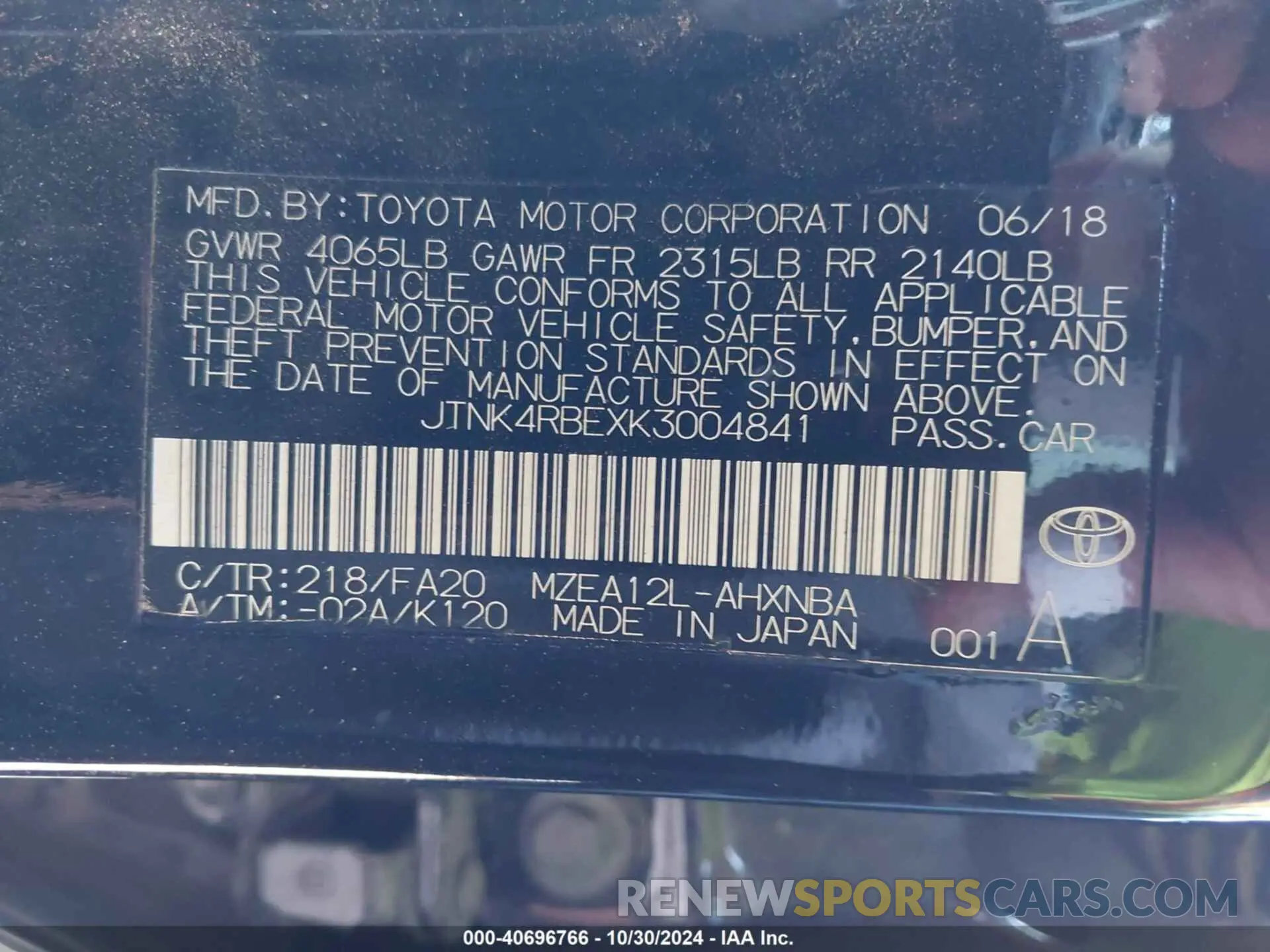 9 Photograph of a damaged car JTNK4RBEXK3004841 TOYOTA COROLLA 2019