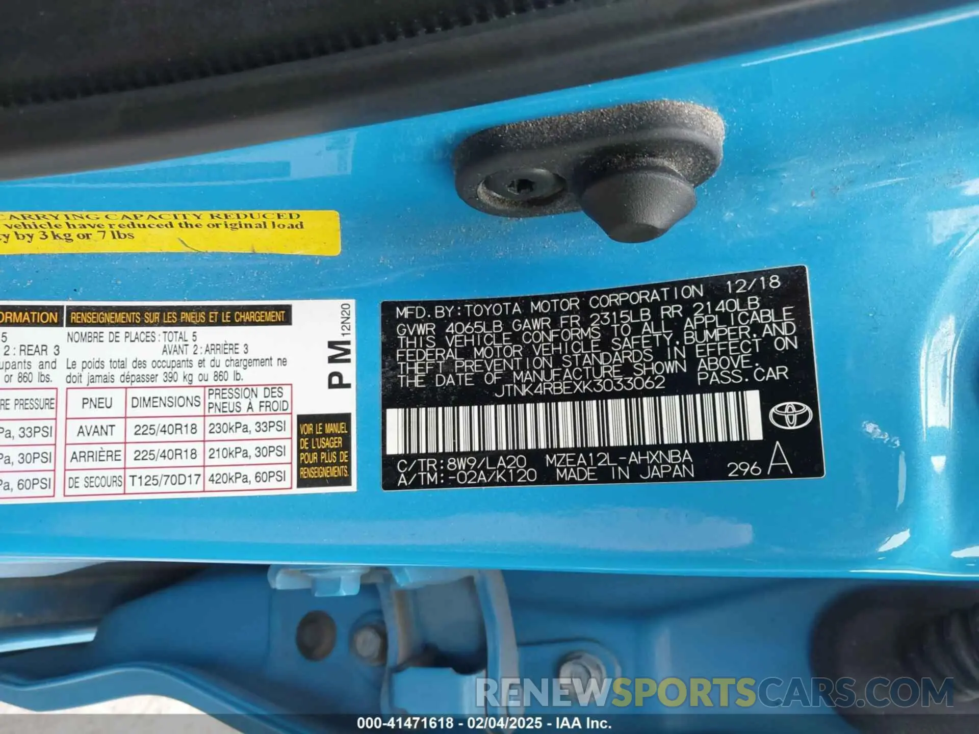 9 Photograph of a damaged car JTNK4RBEXK3033062 TOYOTA COROLLA 2019