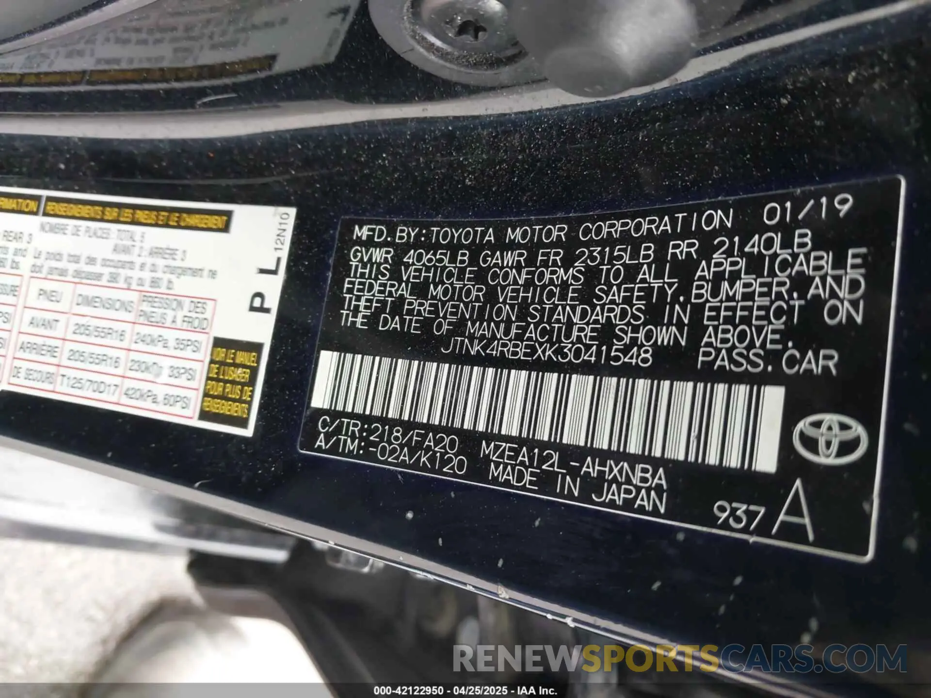 9 Photograph of a damaged car JTNK4RBEXK3041548 TOYOTA COROLLA 2019
