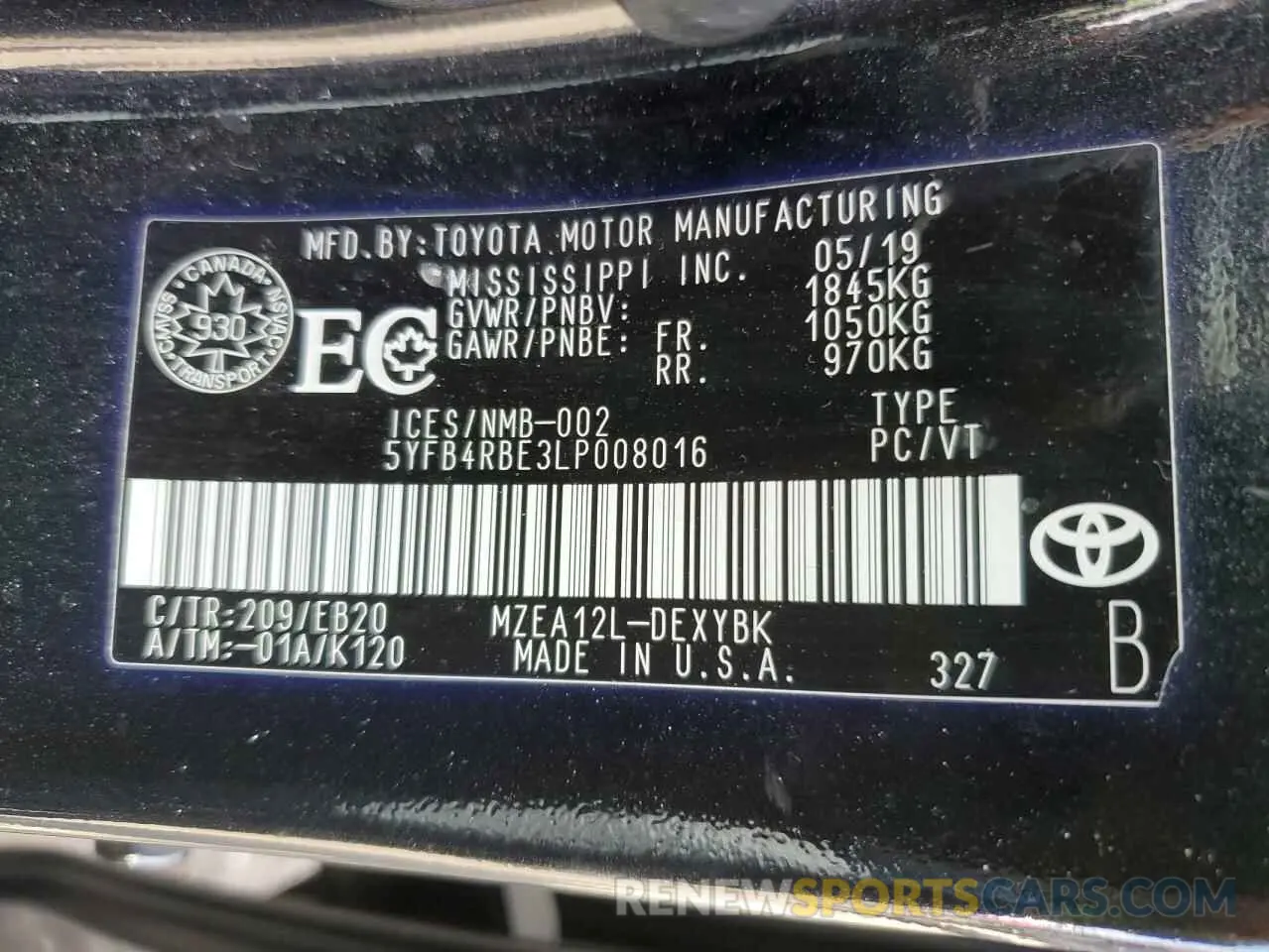 12 Photograph of a damaged car 5YFB4RBE3LP008016 TOYOTA COROLLA 2020