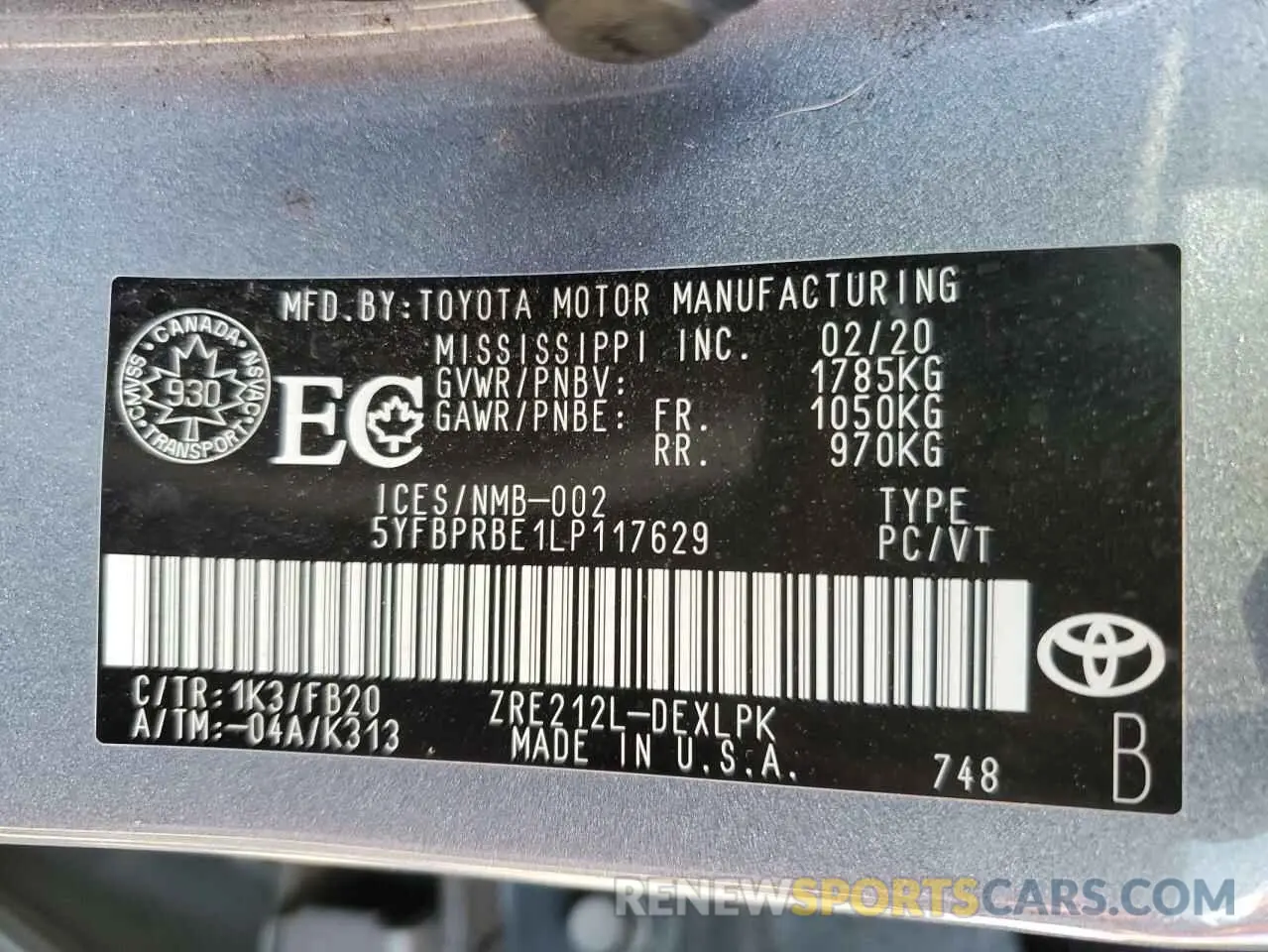12 Photograph of a damaged car 5YFBPRBE1LP117629 TOYOTA COROLLA 2020