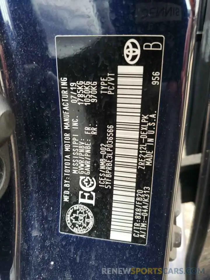 13 Photograph of a damaged car 5YFBPRBE3LP036566 TOYOTA COROLLA 2020