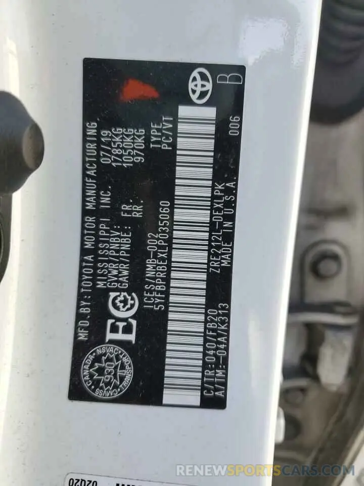 13 Photograph of a damaged car 5YFBPRBEXLP035060 TOYOTA COROLLA 2020