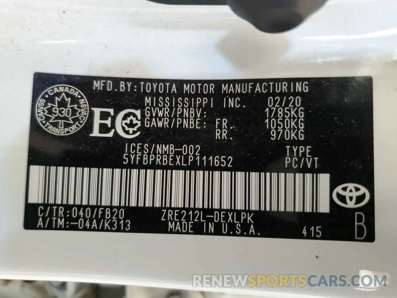 12 Photograph of a damaged car 5YFBPRBEXLP111652 TOYOTA COROLLA 2020