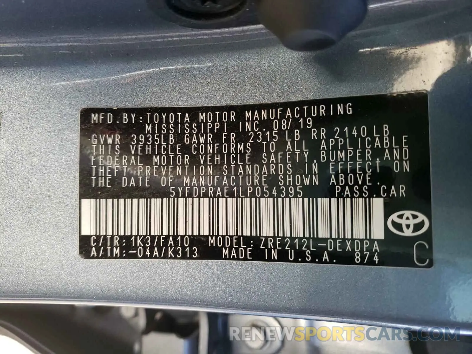 10 Photograph of a damaged car 5YFDPRAE1LP054395 TOYOTA COROLLA 2020