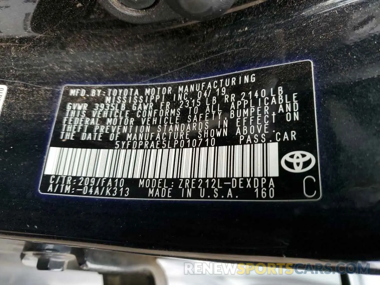 14 Photograph of a damaged car 5YFDPRAE5LP010710 TOYOTA COROLLA 2020