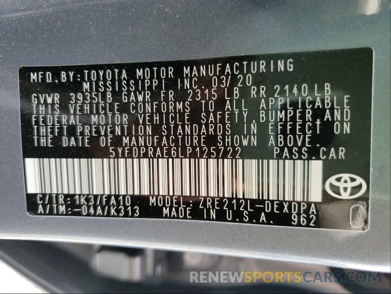 10 Photograph of a damaged car 5YFDPRAE6LP125722 TOYOTA COROLLA 2020