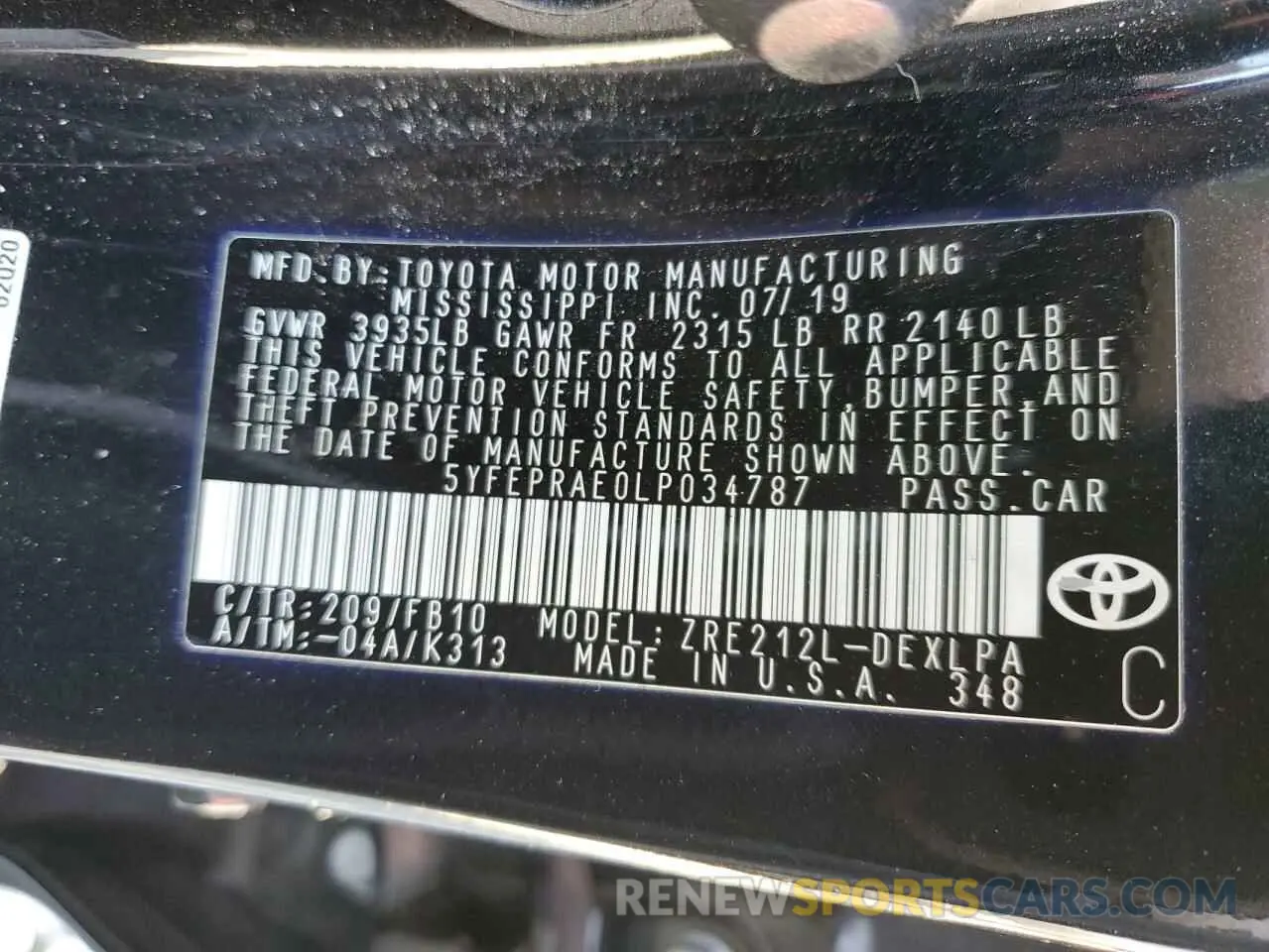 12 Photograph of a damaged car 5YFEPRAE0LP034787 TOYOTA COROLLA 2020