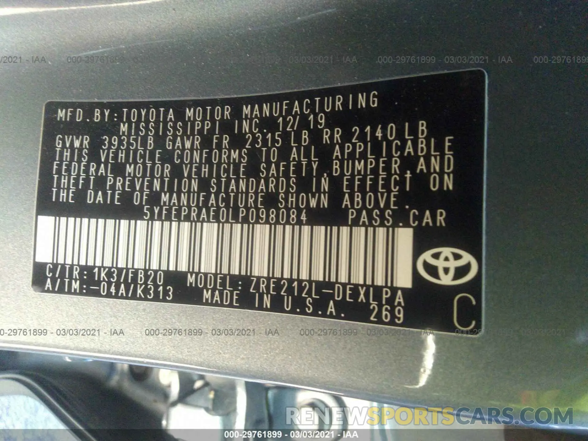 9 Photograph of a damaged car 5YFEPRAE0LP098084 TOYOTA COROLLA 2020