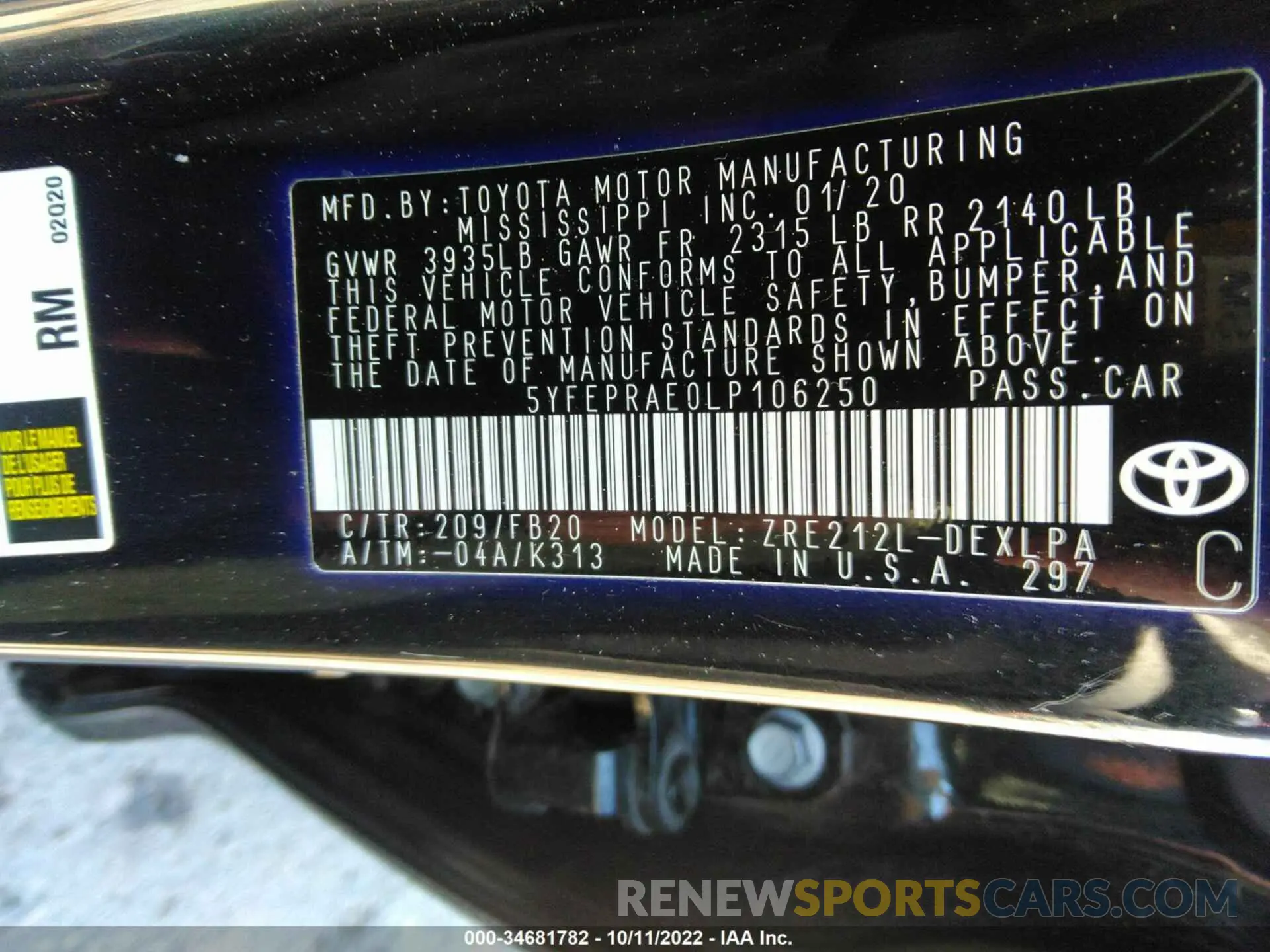 9 Photograph of a damaged car 5YFEPRAE0LP106250 TOYOTA COROLLA 2020