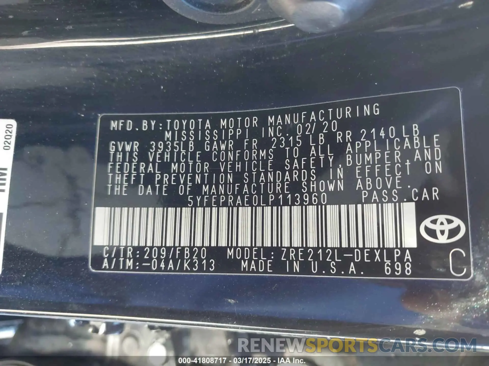 9 Photograph of a damaged car 5YFEPRAE0LP113960 TOYOTA COROLLA 2020