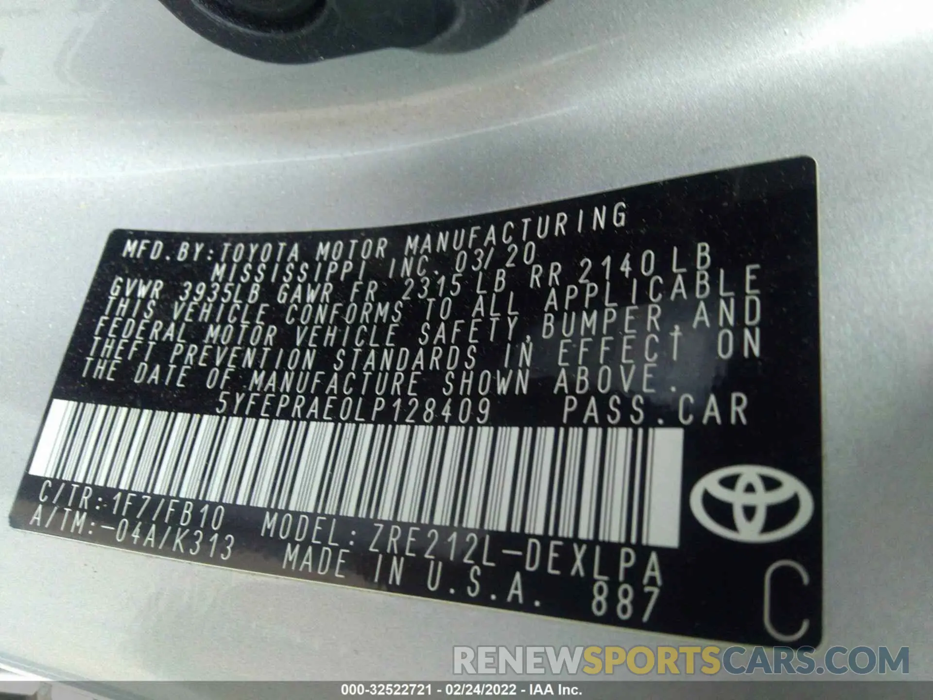 9 Photograph of a damaged car 5YFEPRAE0LP128409 TOYOTA COROLLA 2020