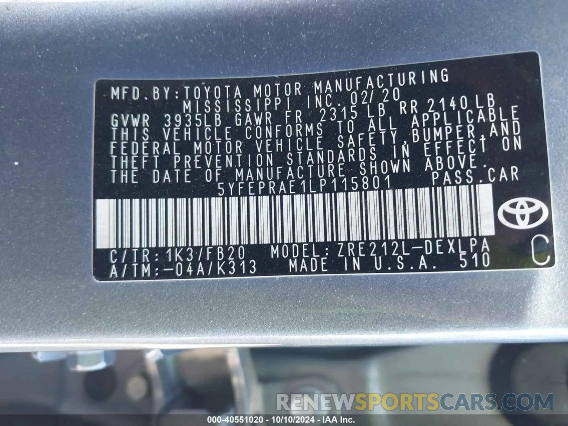 9 Photograph of a damaged car 5YFEPRAE1LP115801 TOYOTA COROLLA 2020